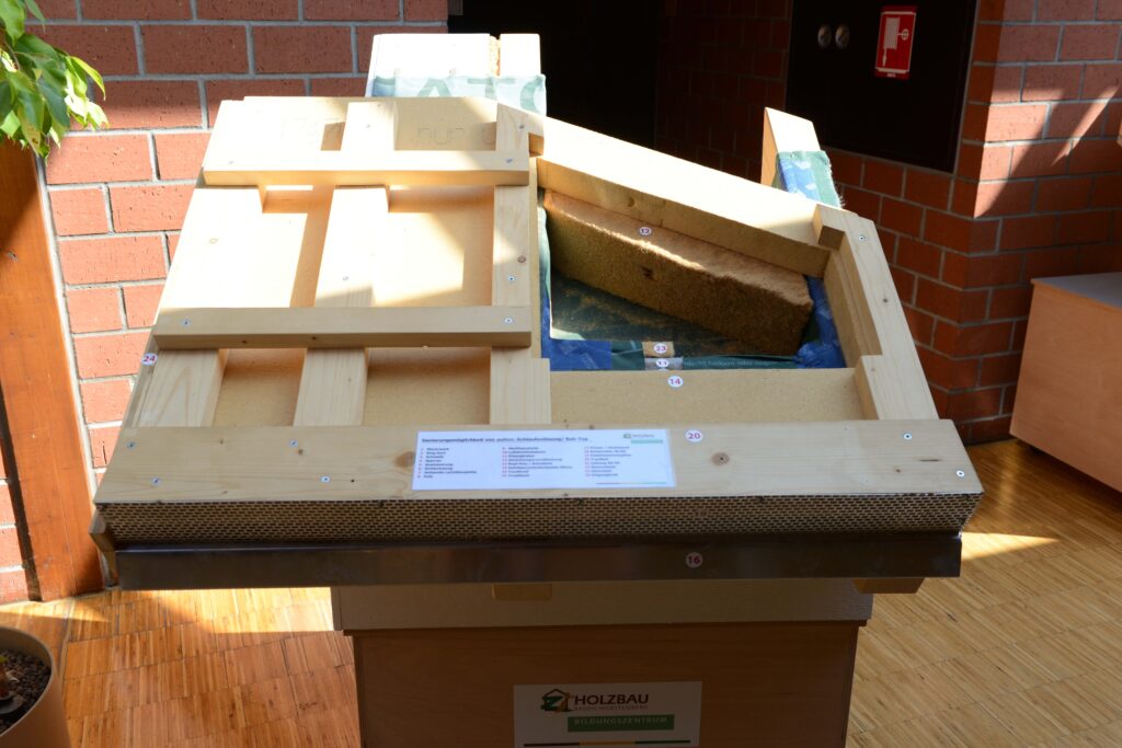 Dieses Modell zeigt eine Dachsanierungsvariante von außen, bei der die Dampbremse schlaufenförmig über die Sparren verlegt wird. „Auch hier ist besonders der Trauf- und Ortgangbereich sehr herausfordernd. Wir schlagen verschiedene Lösungen vor, beispielsweise einen Dämmblock zu integrieren oder einen sorpitven Dämmstoff an dieser Stelle einzusetzen“, sagt Helmut Schuler. 